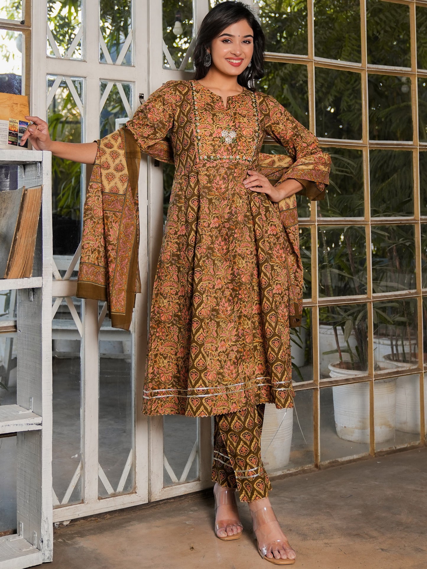 Mehndi Green Anarkali Cotton Kurta Set