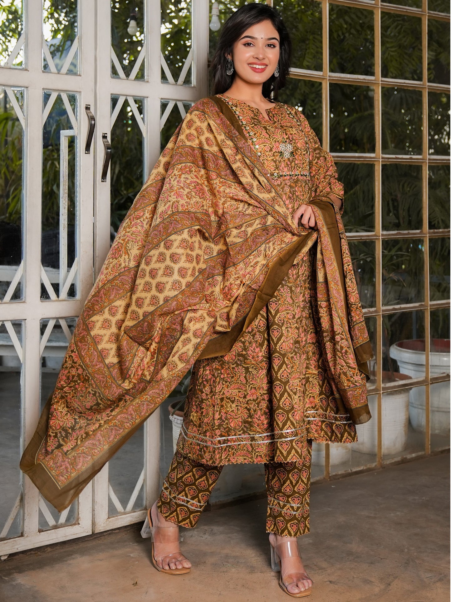 Mehndi Green Anarkali Cotton Kurta Set