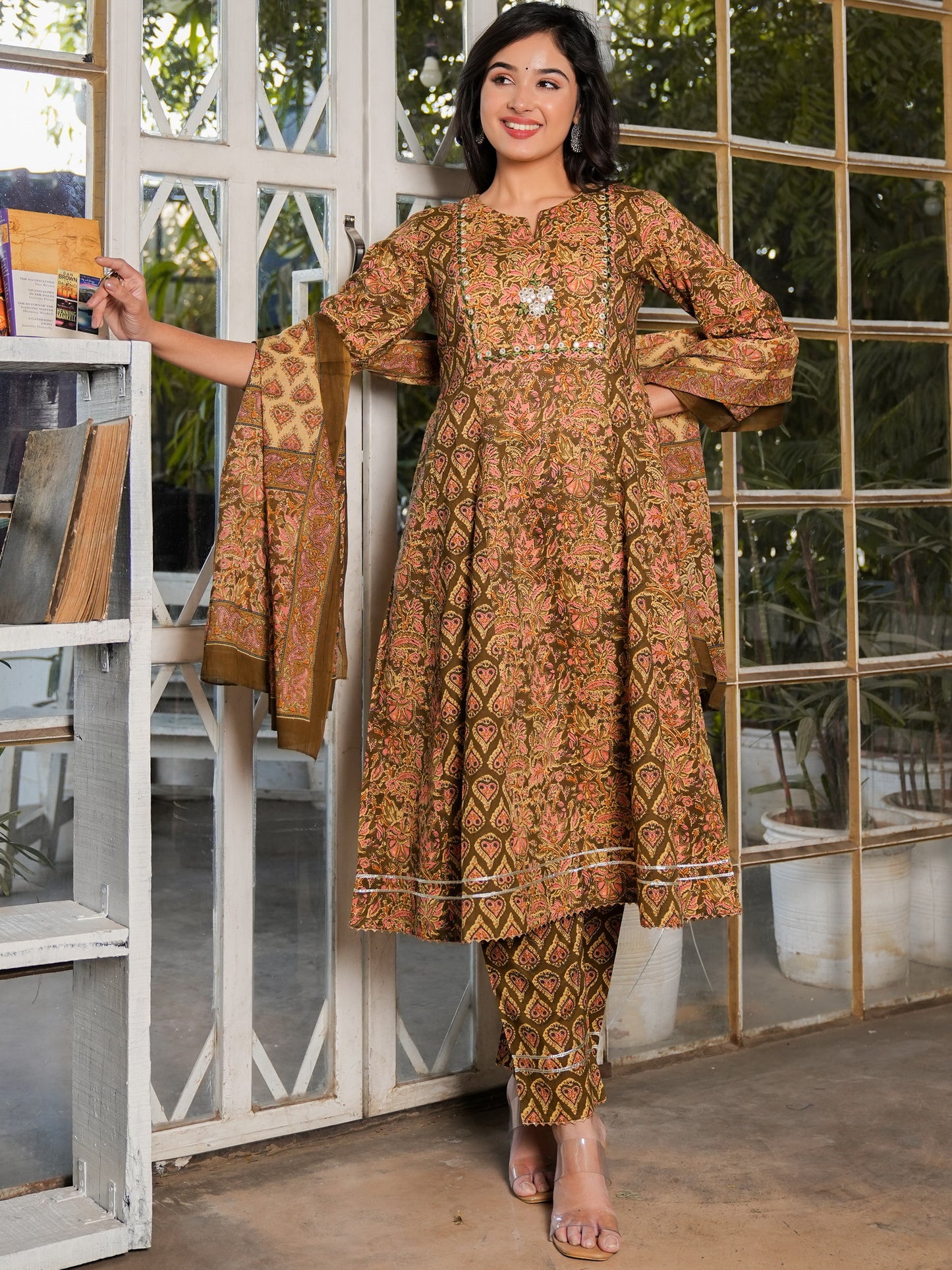 Mehndi Green Anarkali Cotton Kurta Set