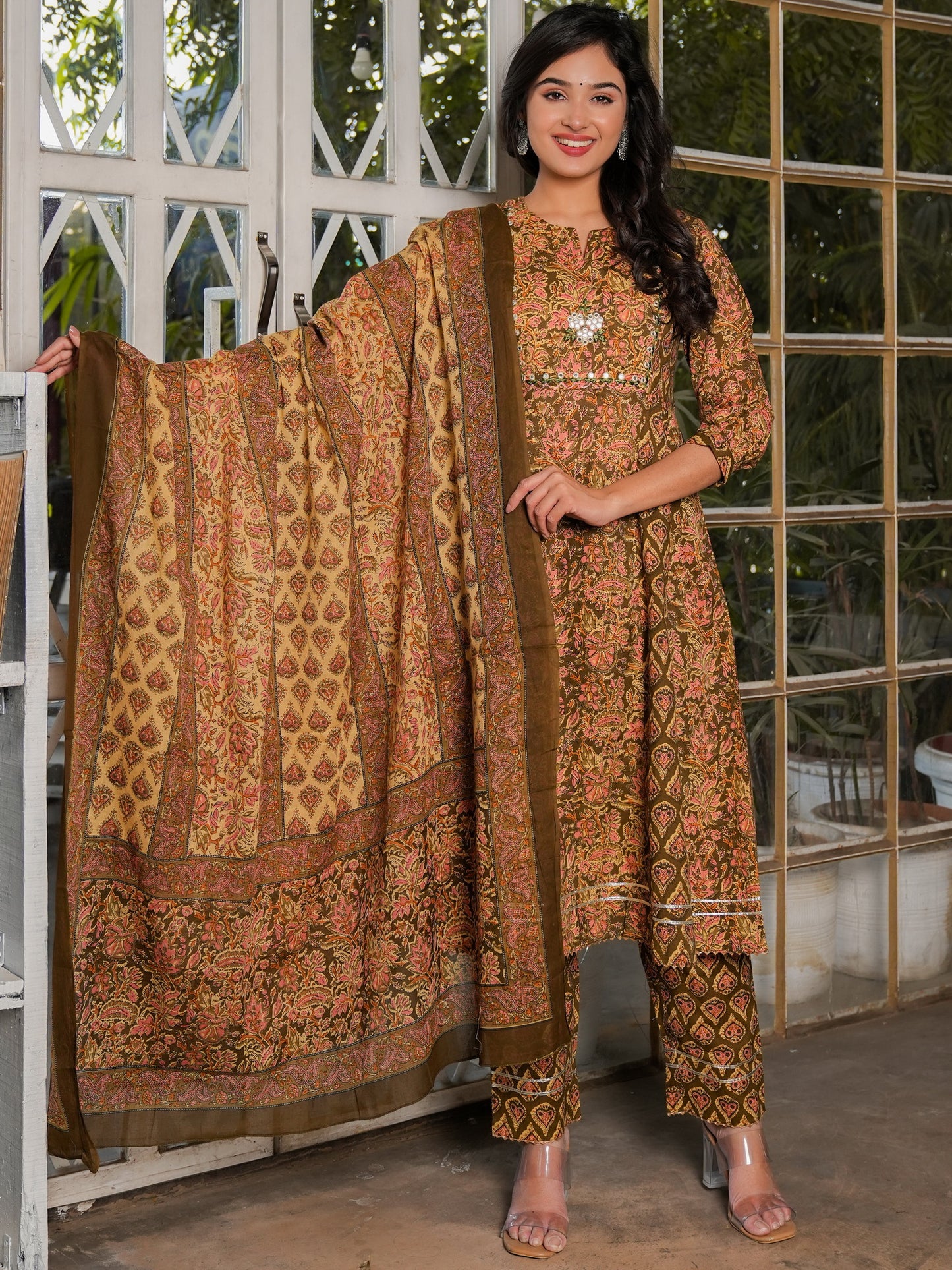 Mehndi Green Anarkali Cotton Kurta Set