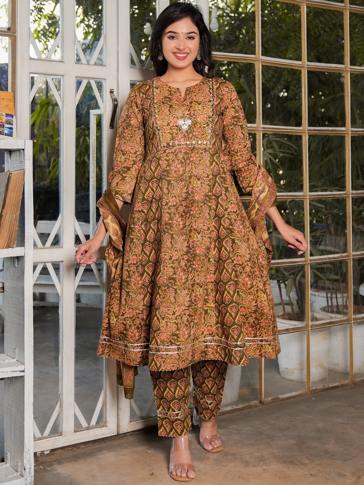 Mehndi Green Anarkali Cotton Kurta Set