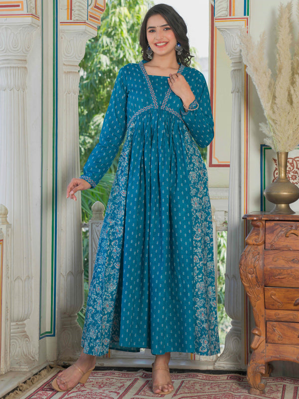 Aqua Blue Printed Anarkali Cotton Gown