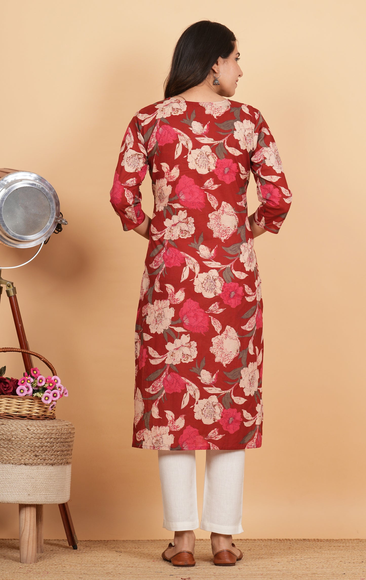 Red Floral Print Straight Cotton Kurta