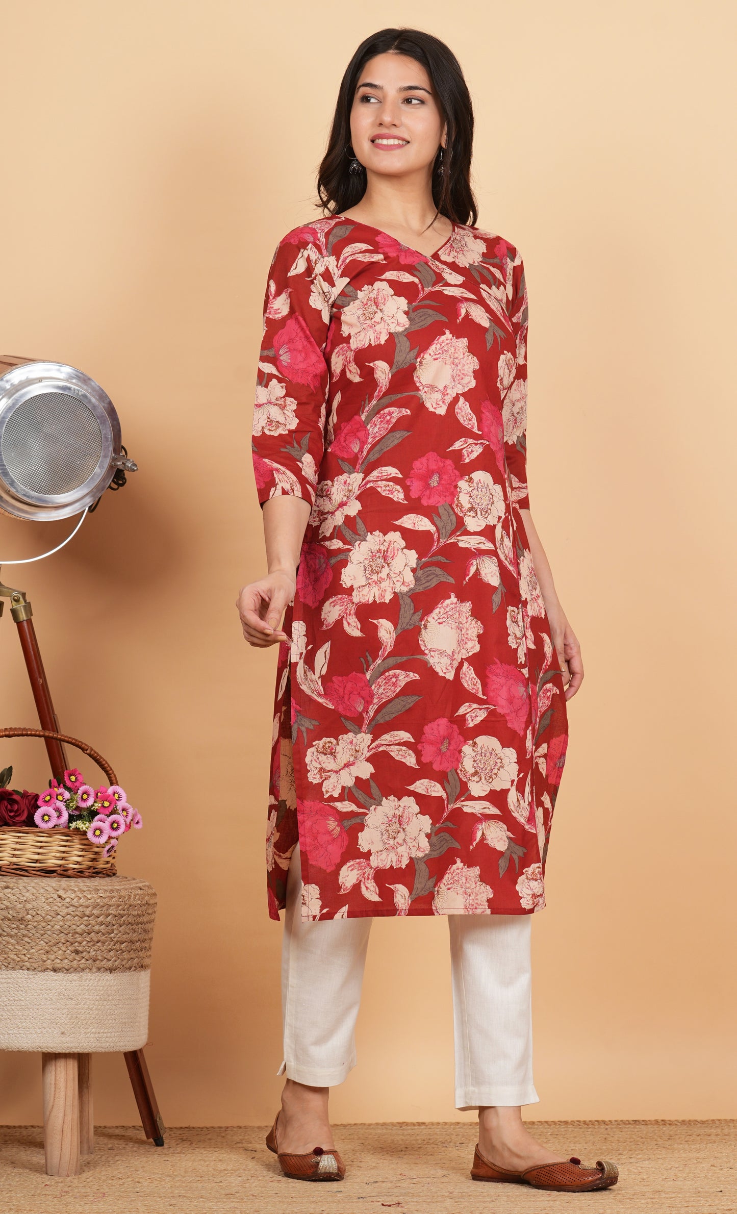 Red Floral Print Straight Cotton Kurta