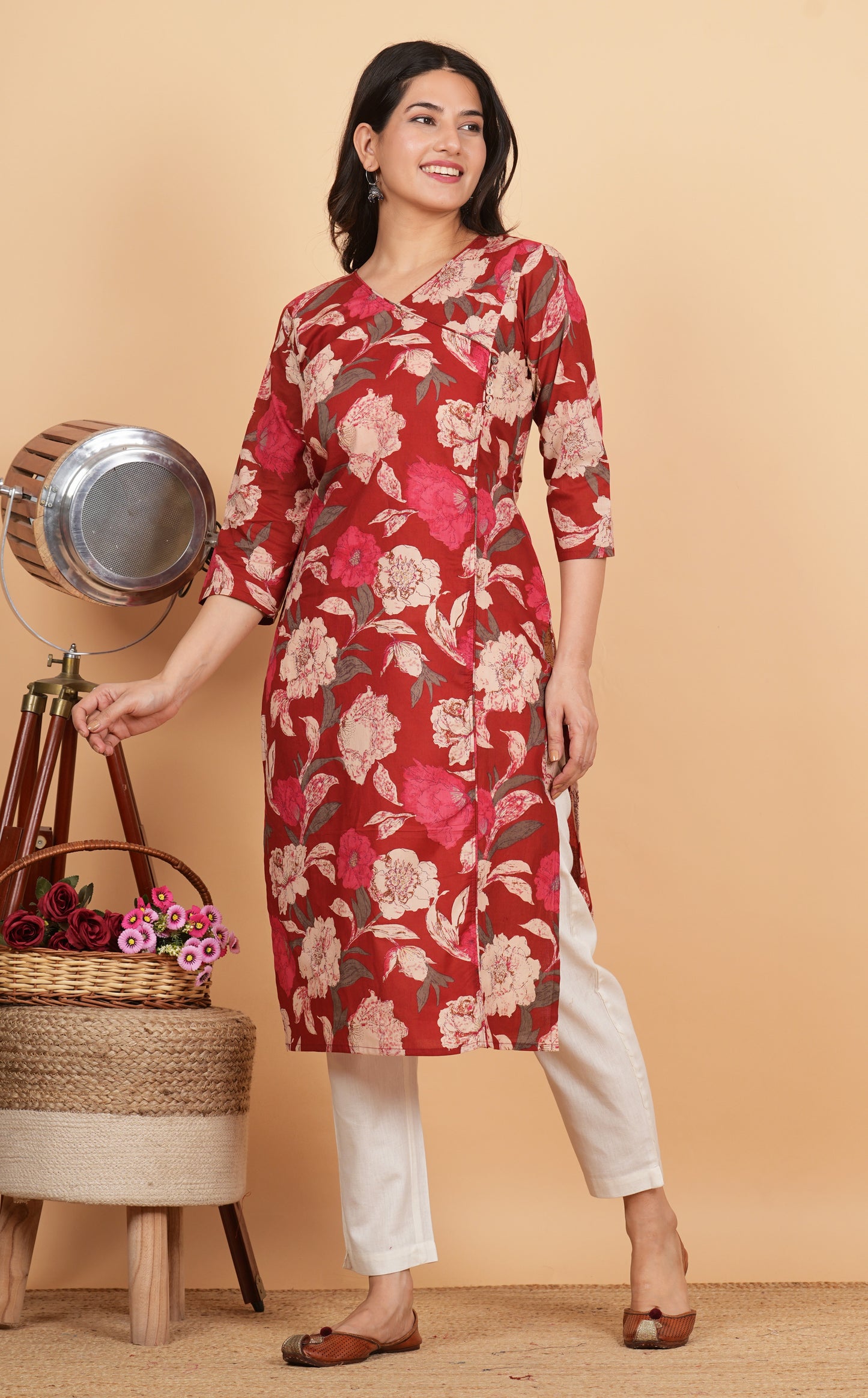 Red Floral Print Straight Cotton Kurta