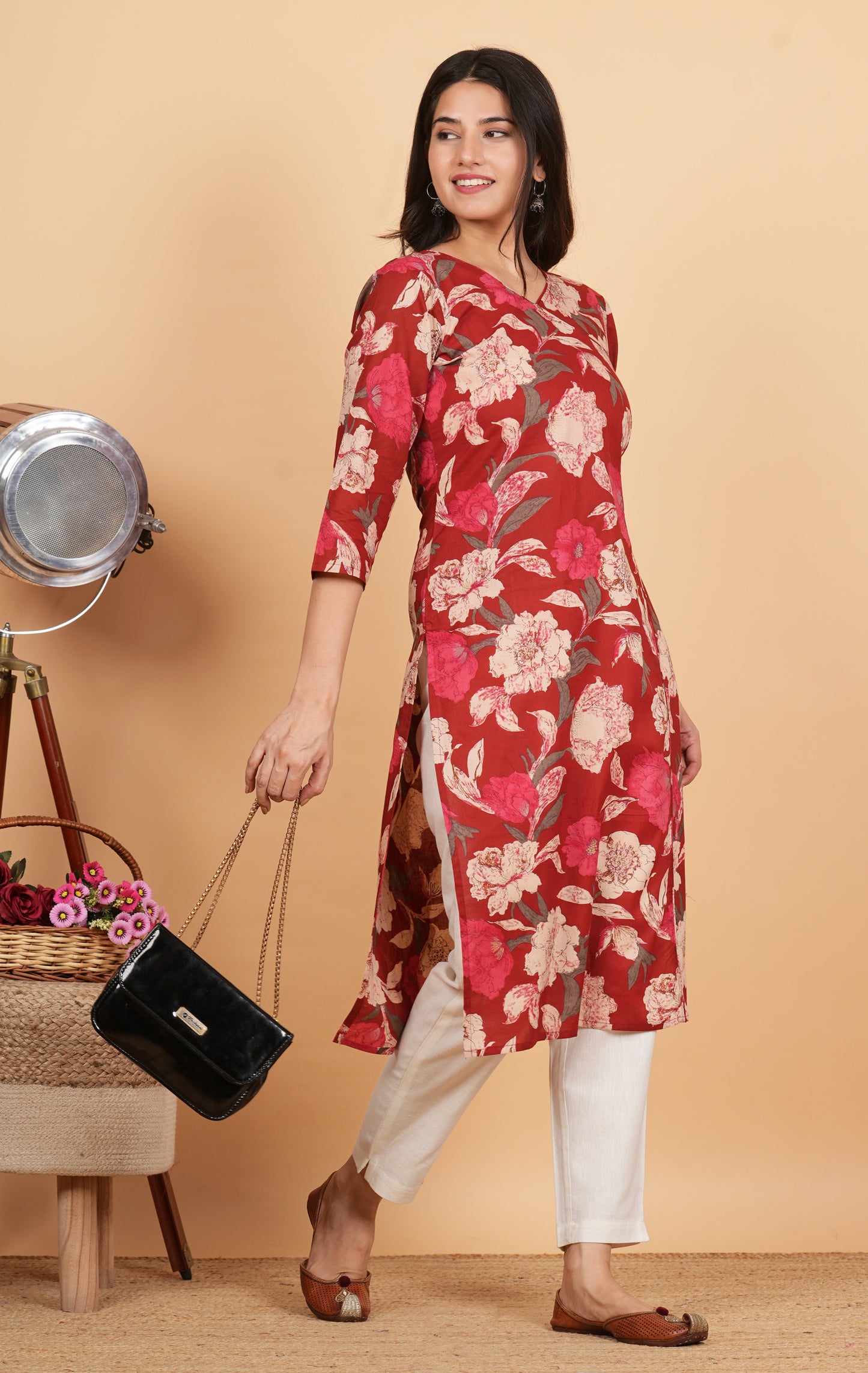 Red Floral Print Straight Cotton Kurta