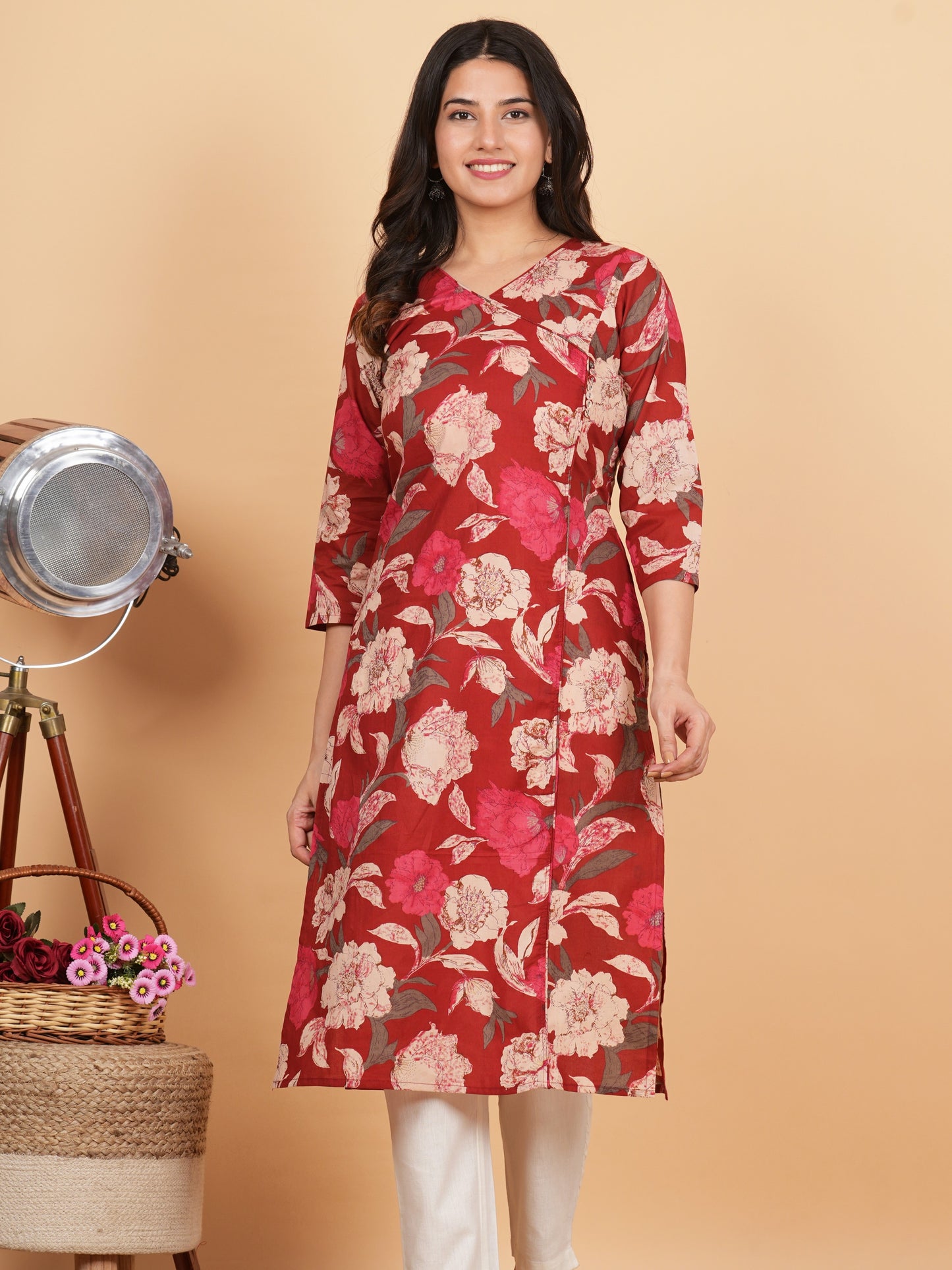 Red Floral Print Straight Cotton Kurta