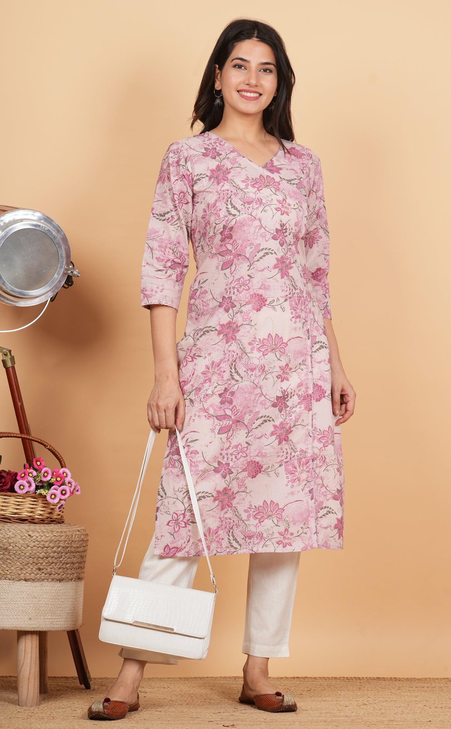 Pink Angrakha Printed Cotton Kurta