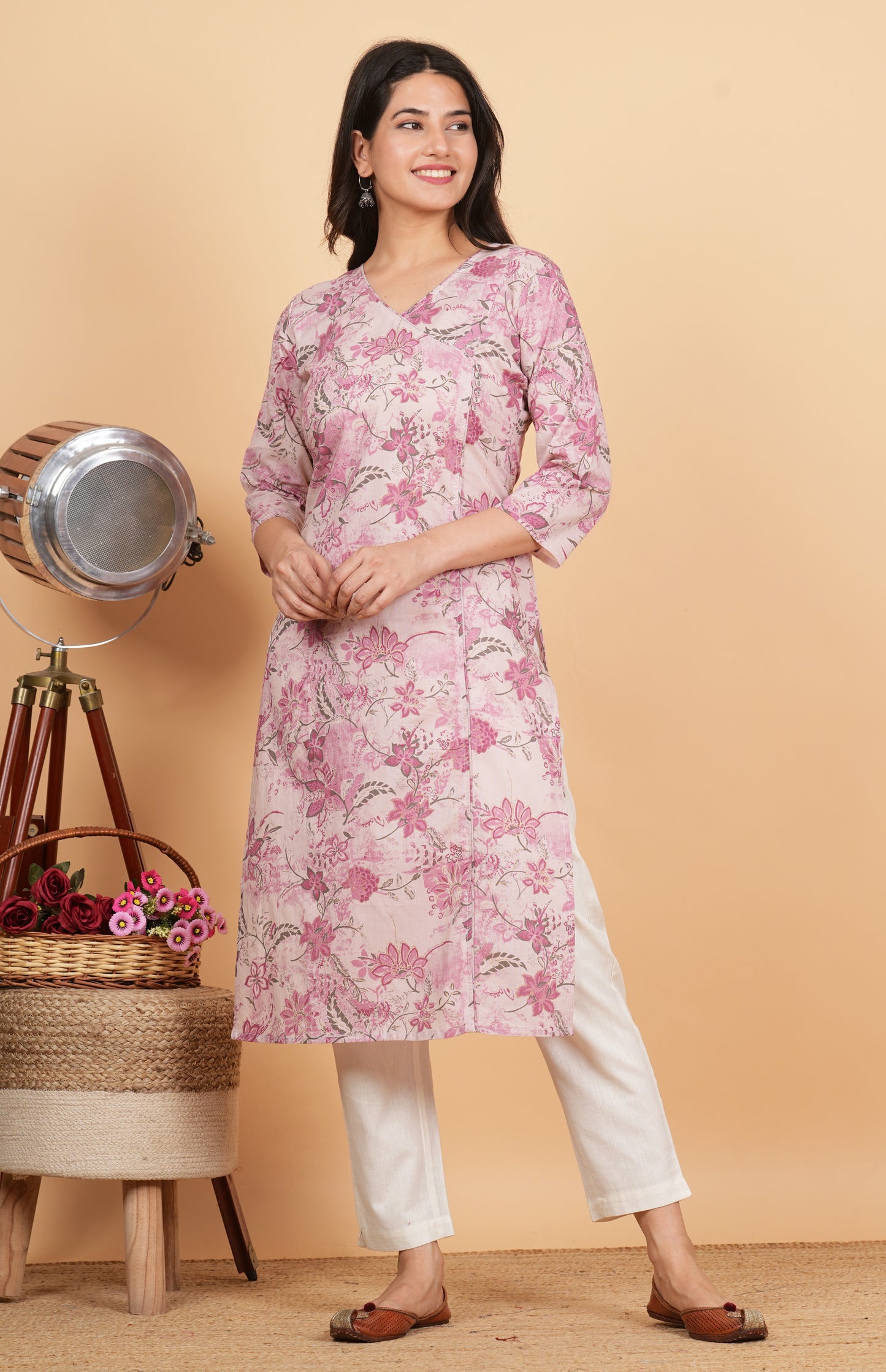 Pink Angrakha Printed Cotton Kurta