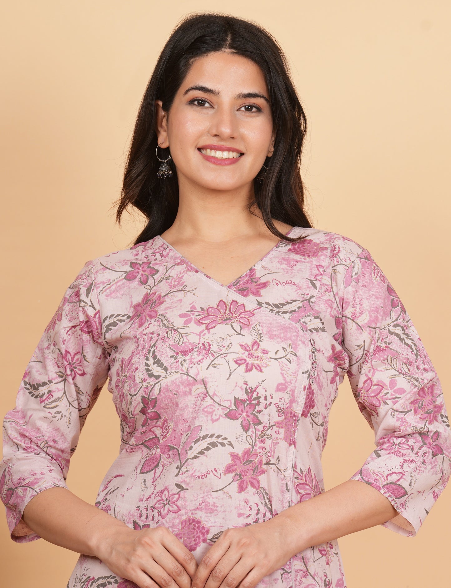Pink Angrakha Printed Cotton Kurta