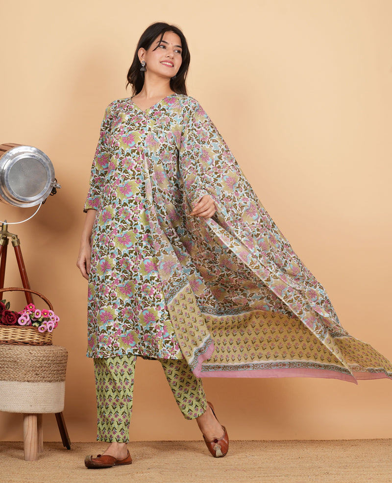 Multicolor Floral Print Angrakha Cotton Kurta Set