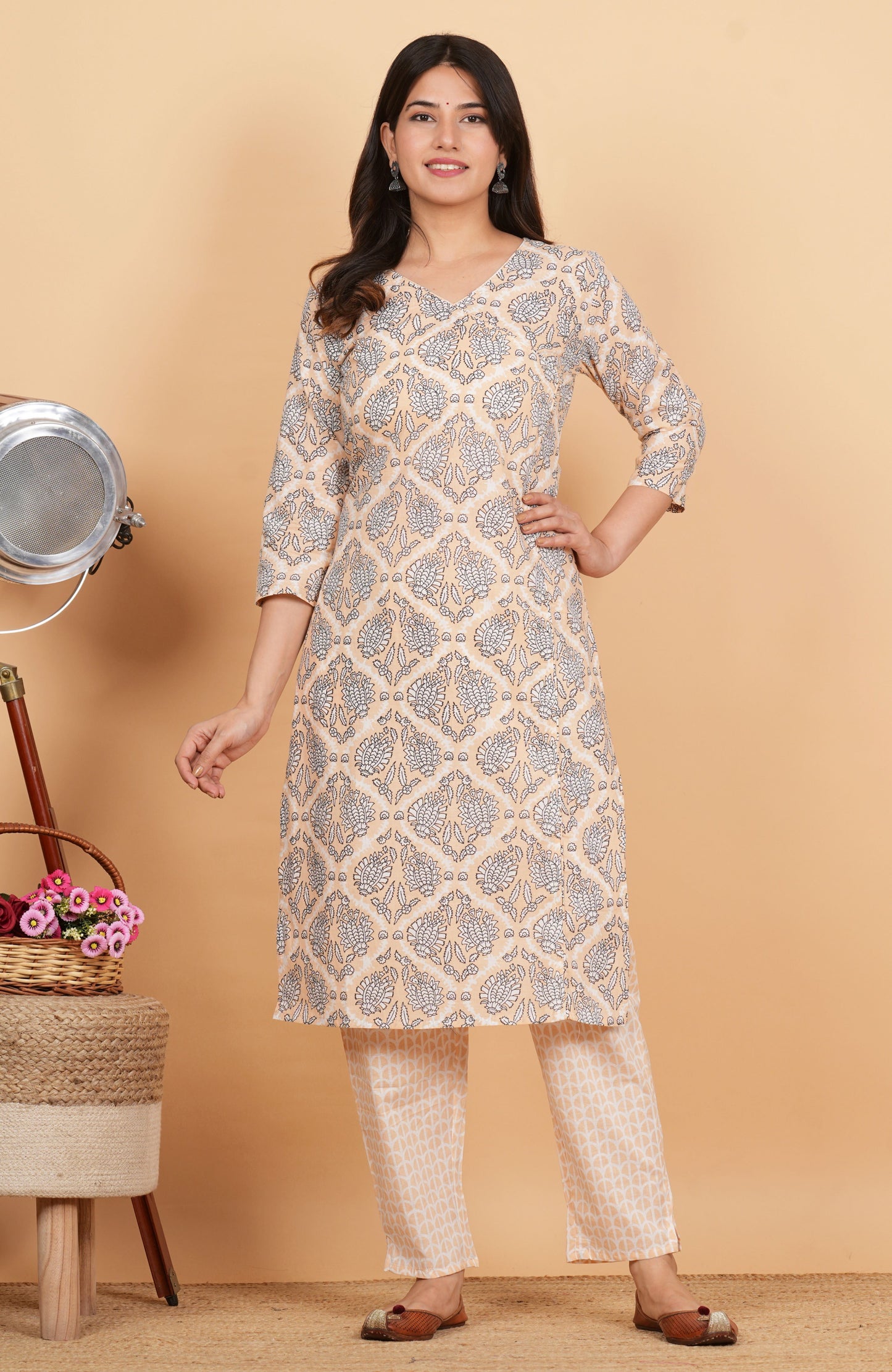 Beige Cotton Print Angrakha Kurta Set