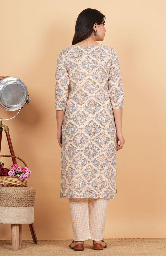 Beige Cotton Print Angrakha Kurta Set