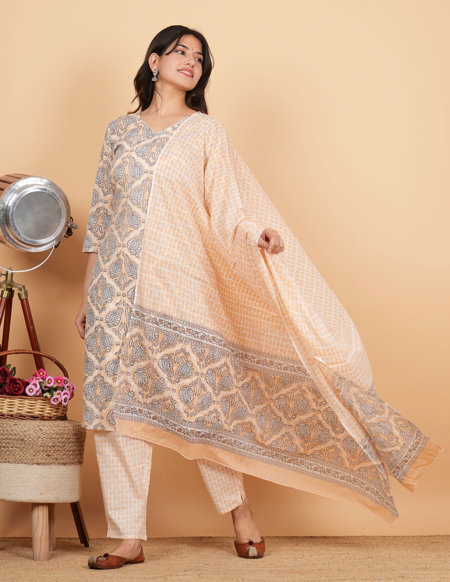 Beige Cotton Print Angrakha Kurta Set