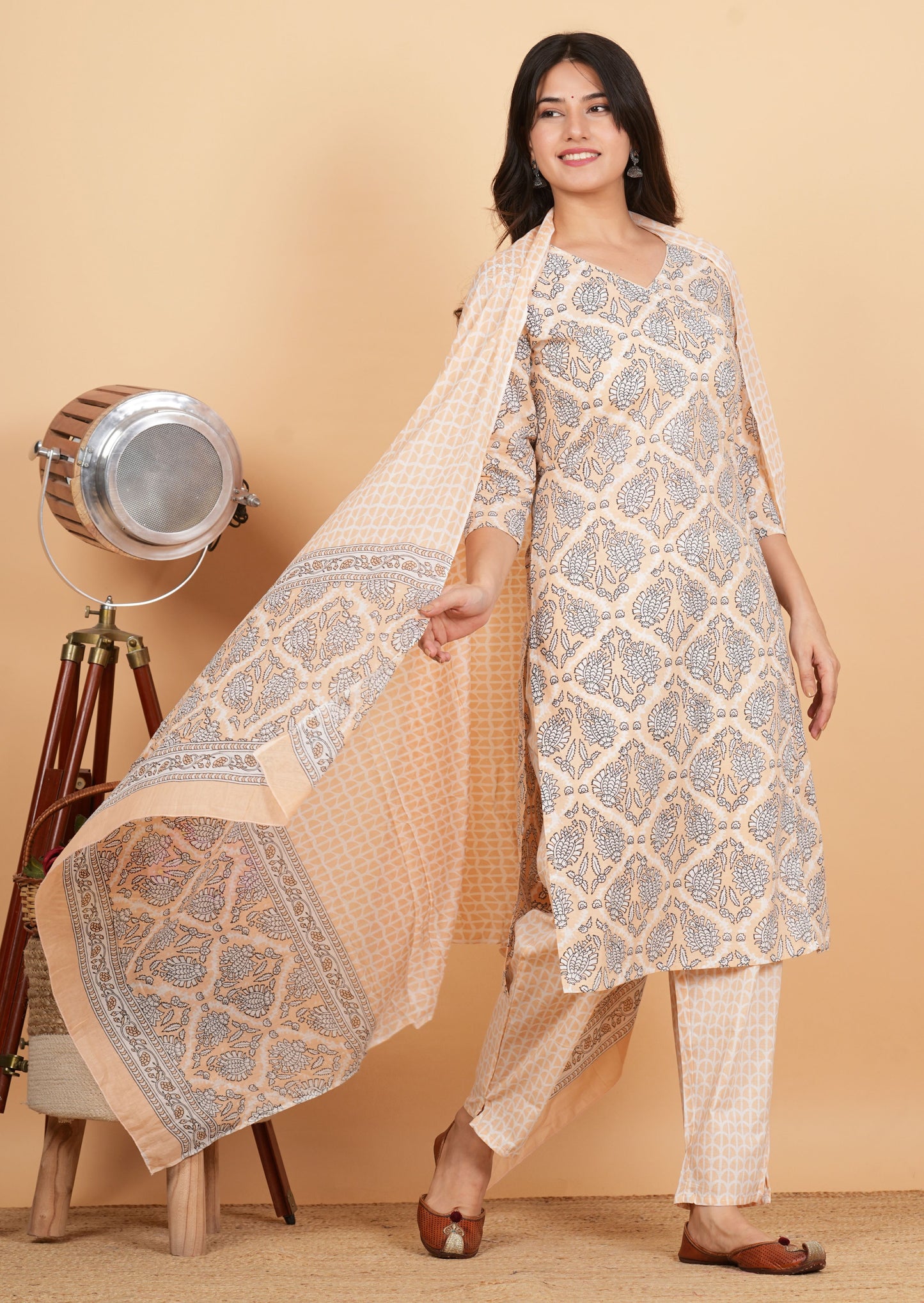 Beige Cotton Print Angrakha Kurta Set