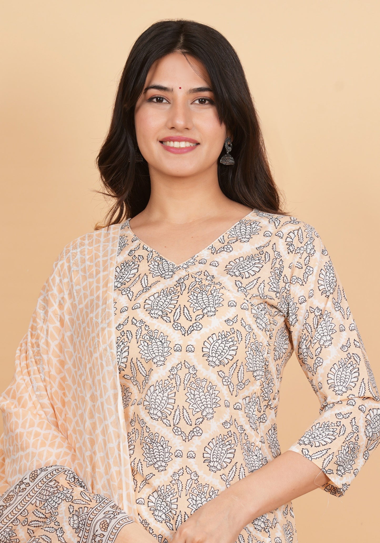 Beige Cotton Print Angrakha Kurta Set