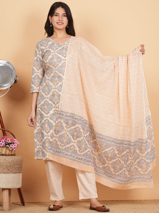 Beige Cotton Print Angrakha Kurta Set