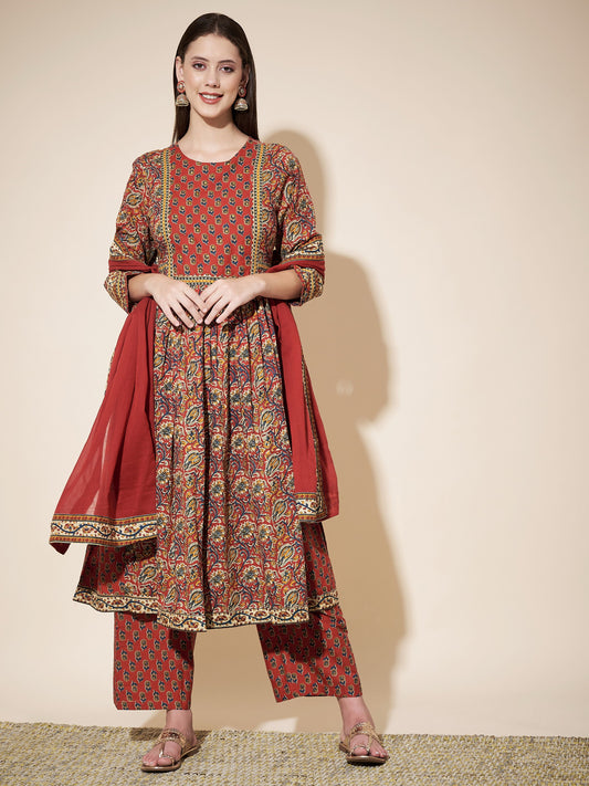 Red Printed Anarkali Cotton Kurta Set