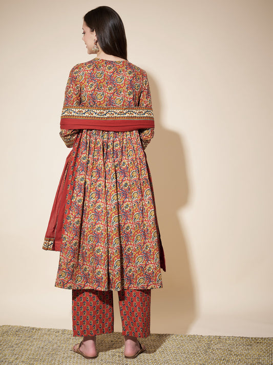 Red Printed Anarkali Cotton Kurta Set