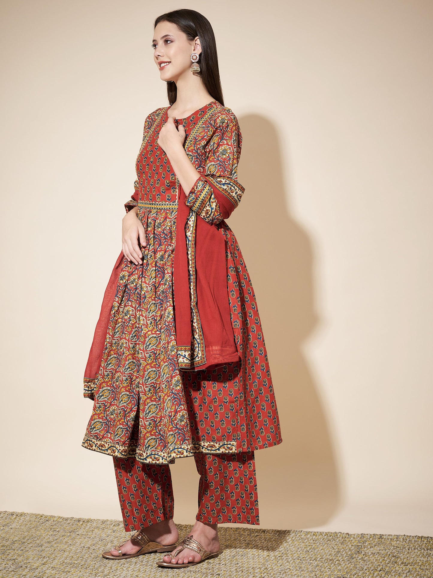 Red Printed Anarkali Cotton Kurta Set