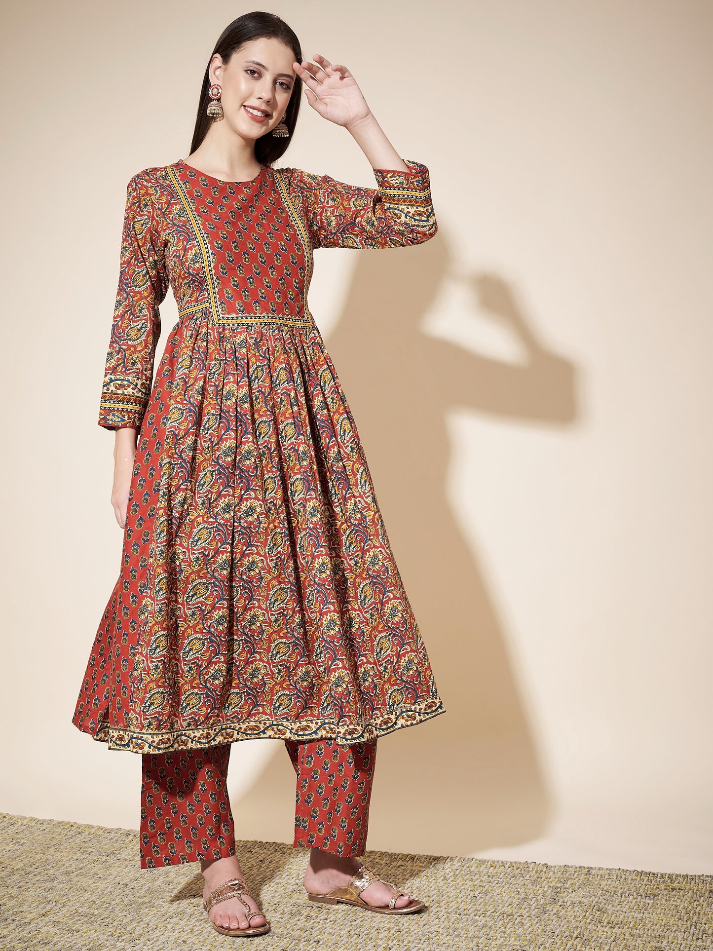 Red Printed Anarkali Cotton Kurta Set