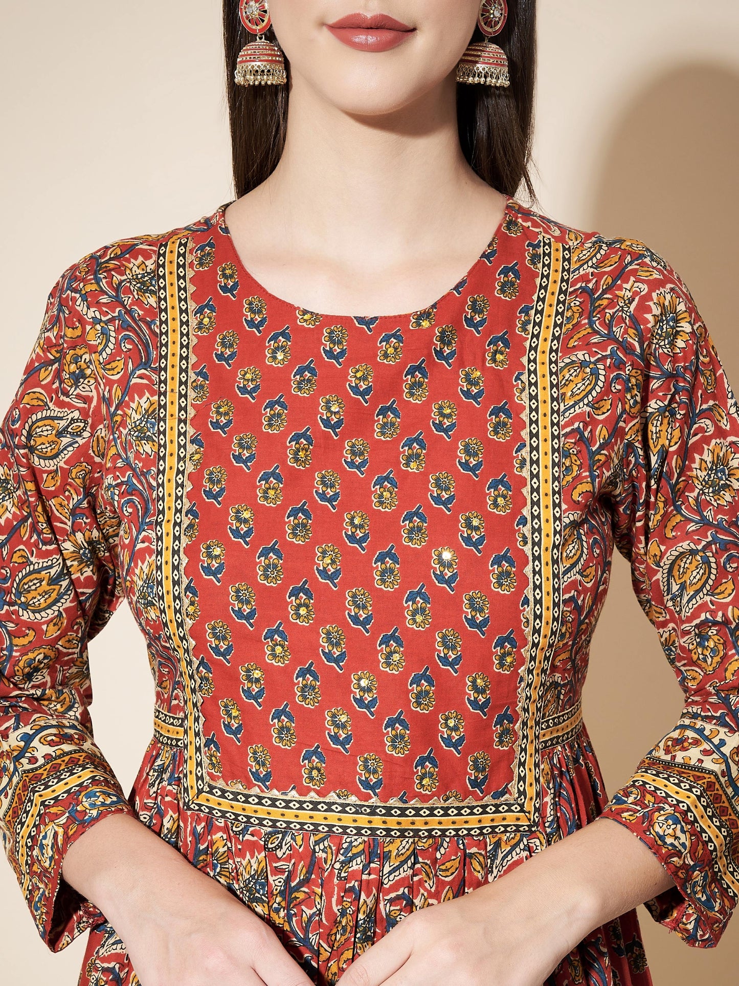 Red Printed Anarkali Cotton Kurta Set