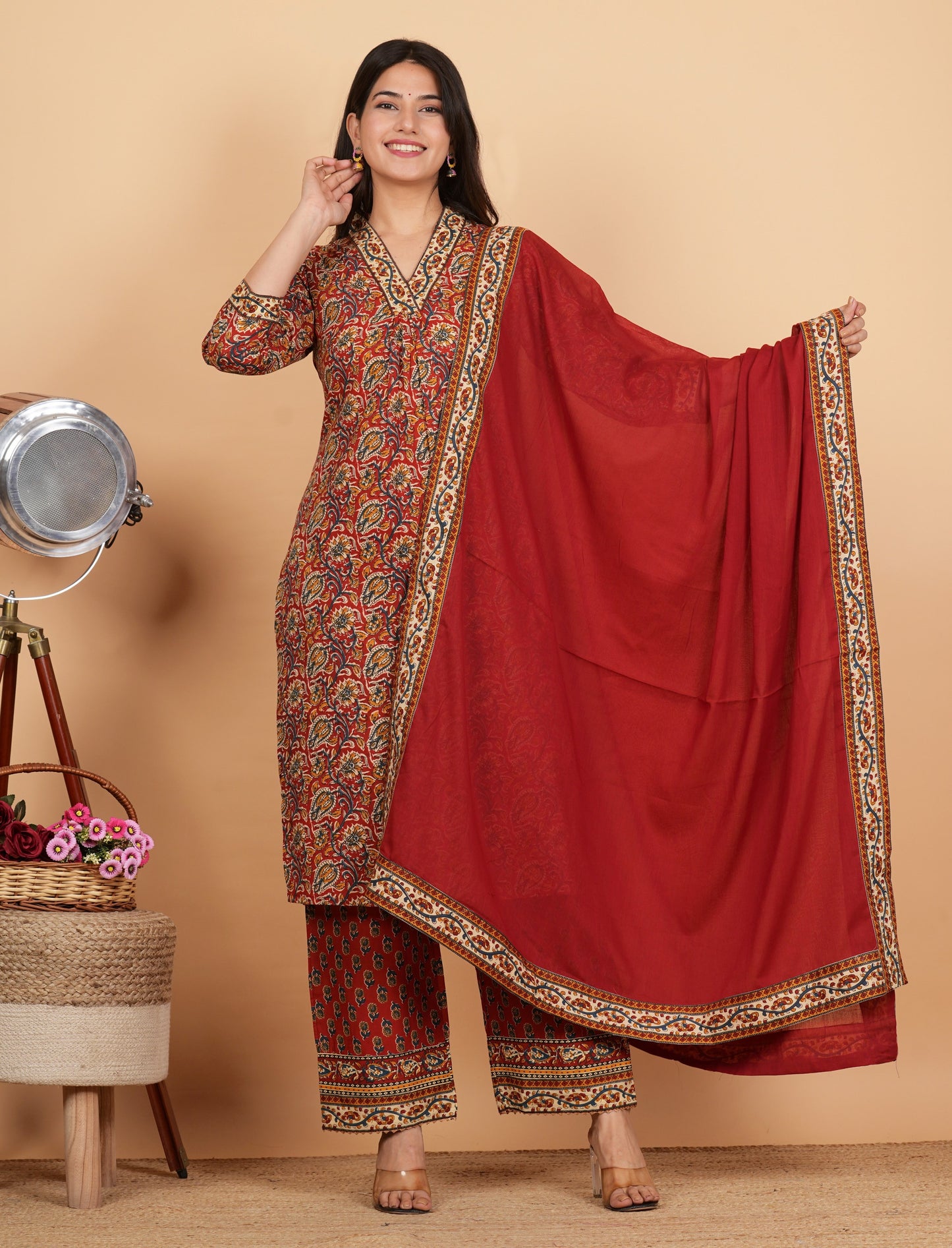 Maroon Cotton Printed Kurta Set