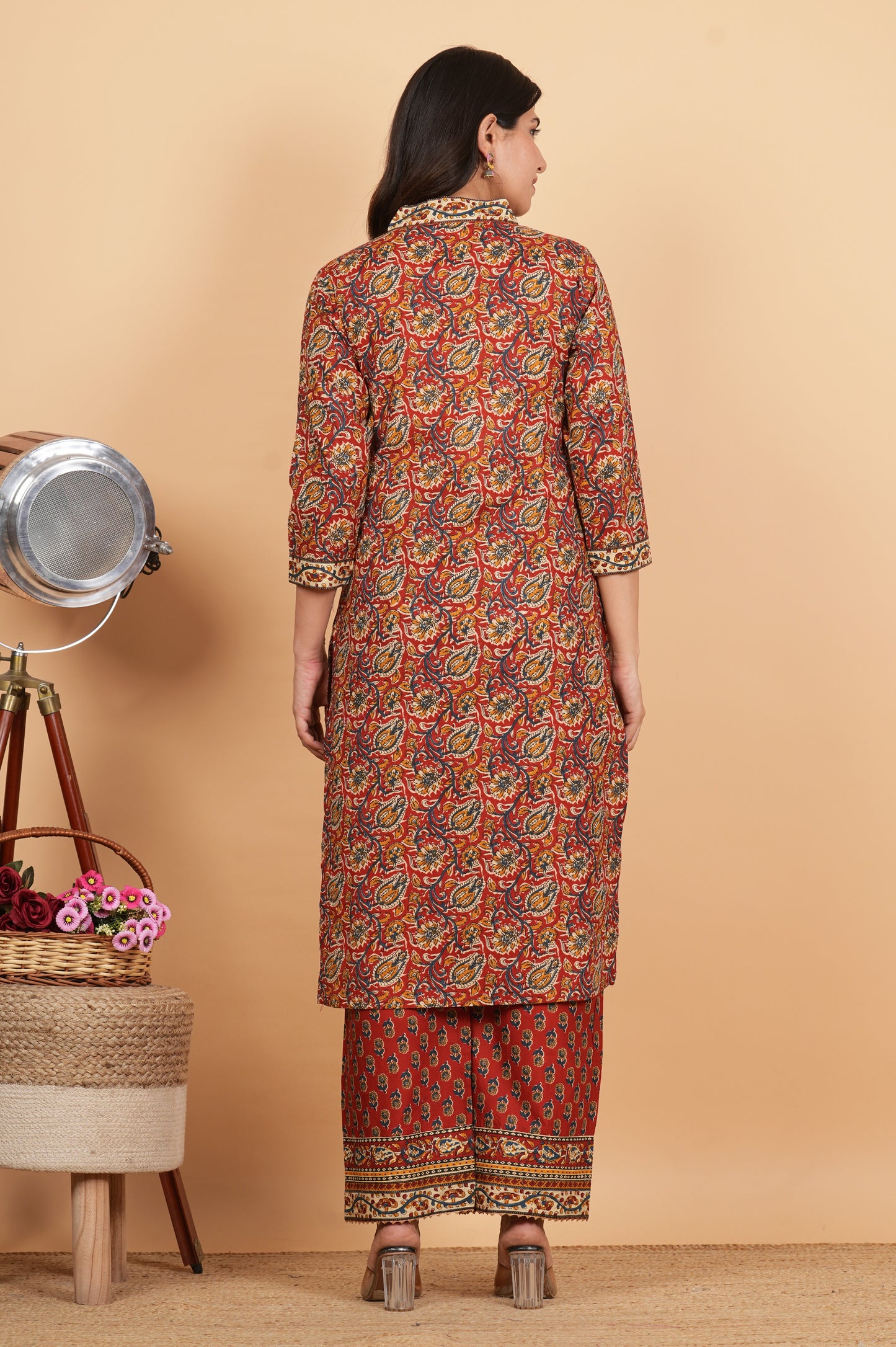 Maroon Cotton Printed Kurta Set