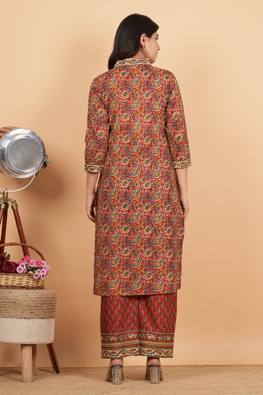 Maroon Cotton Printed Kurta Set