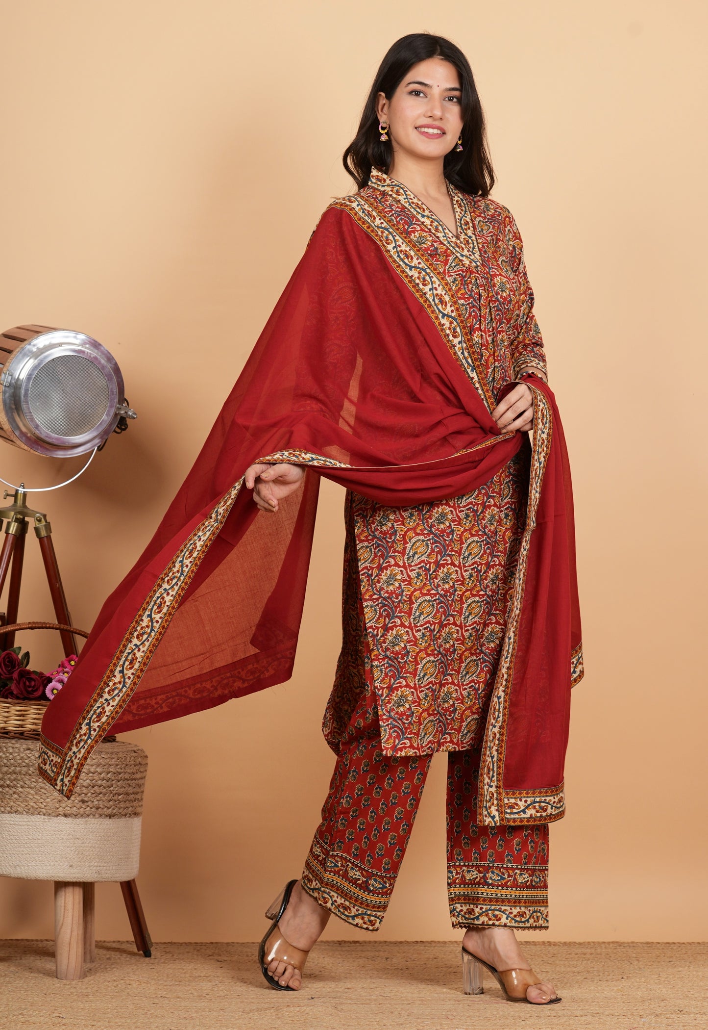 Maroon Cotton Printed Kurta Set