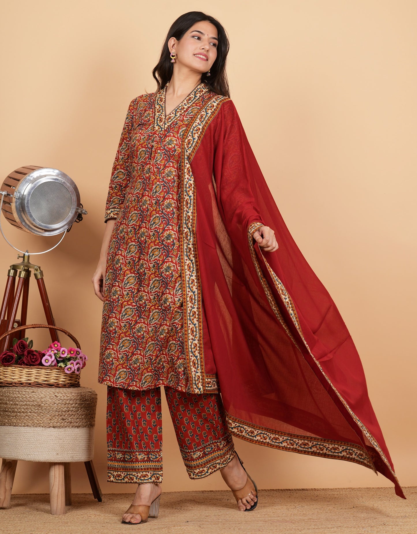 Maroon Cotton Printed Kurta Set