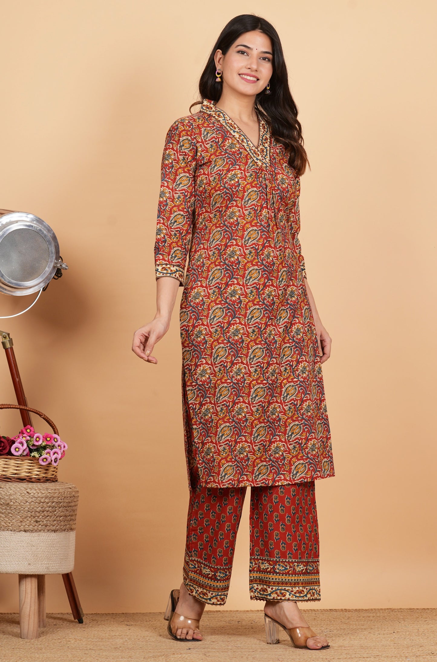 Maroon Cotton Printed Kurta Set