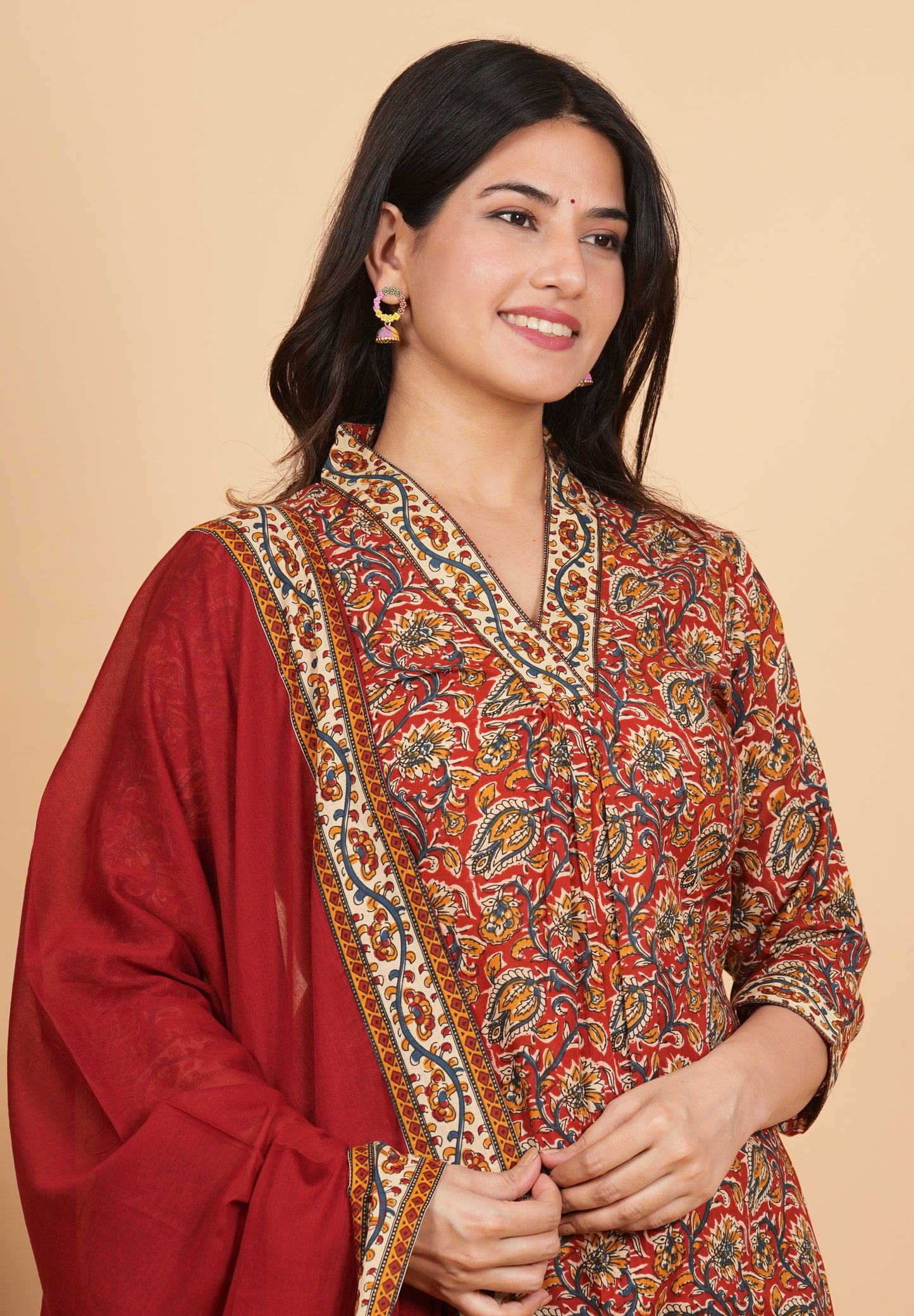 Maroon Cotton Printed Kurta Set