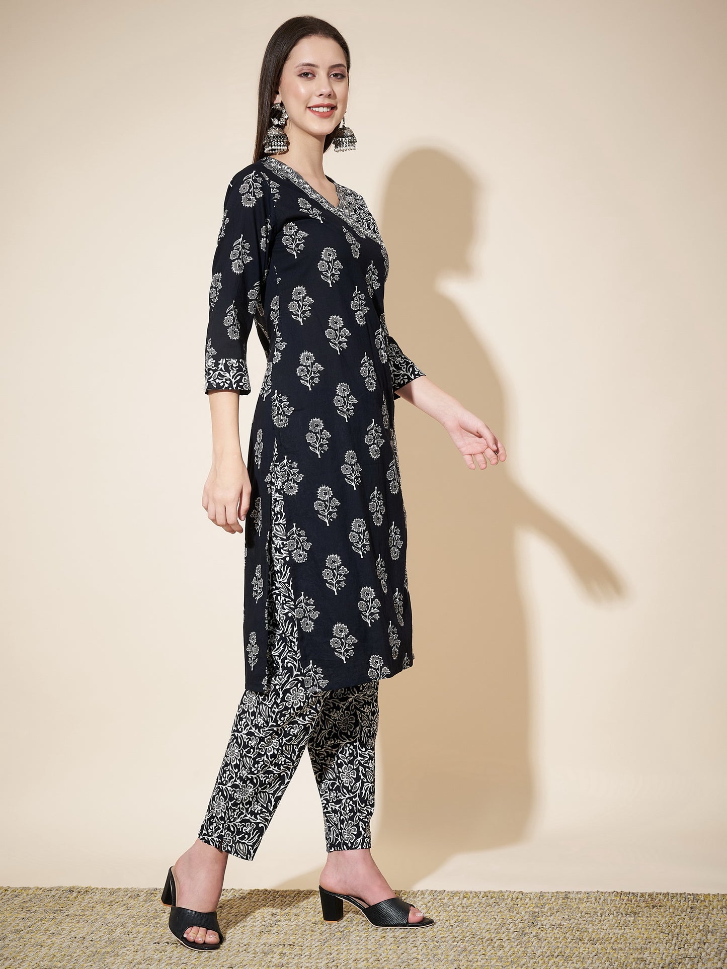 Black Printed Angrakha Straight Cotton Kurta Set