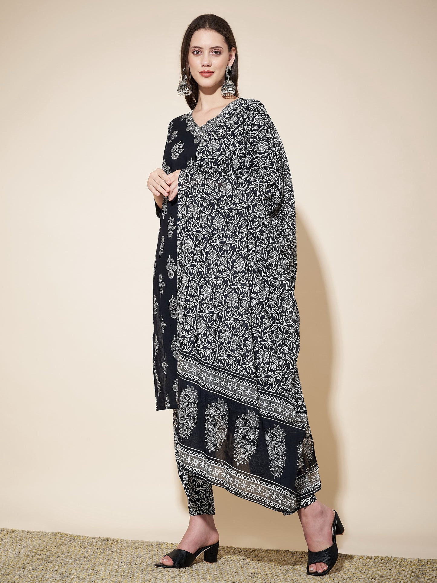 Black Printed Angrakha Straight Cotton Kurta Set