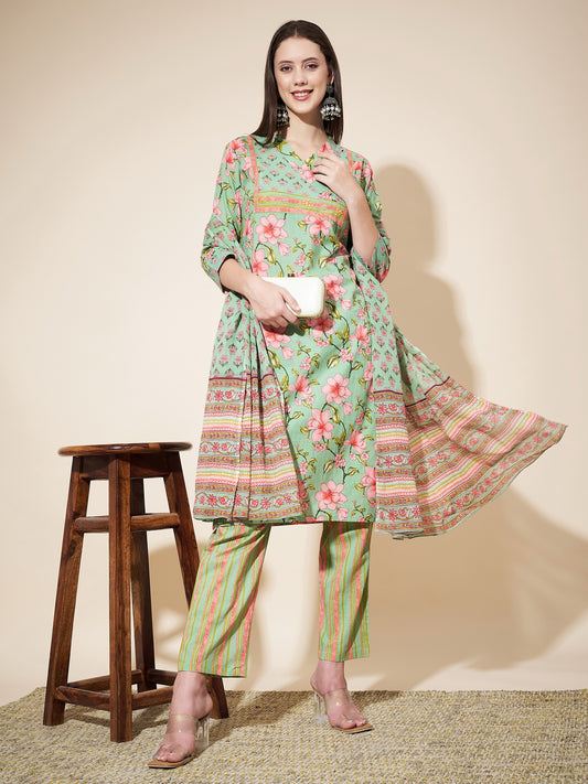 Light Green Printed Straight Cotton Kurta Set