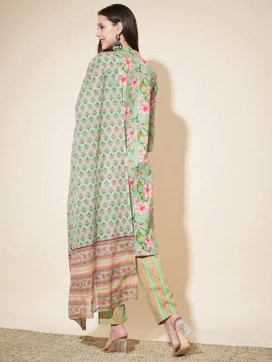 Light Green Printed Straight Cotton Kurta Set
