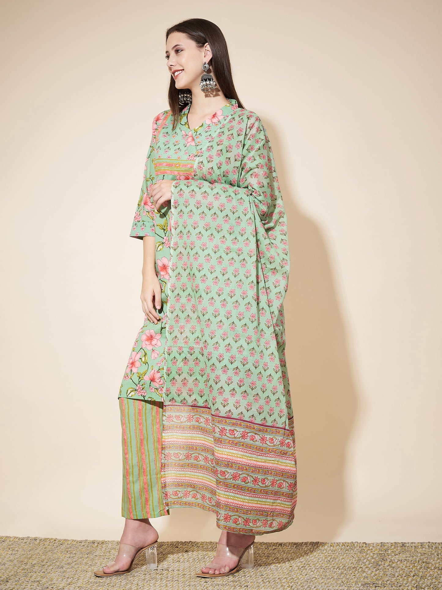 Light Green Printed Straight Cotton Kurta Set