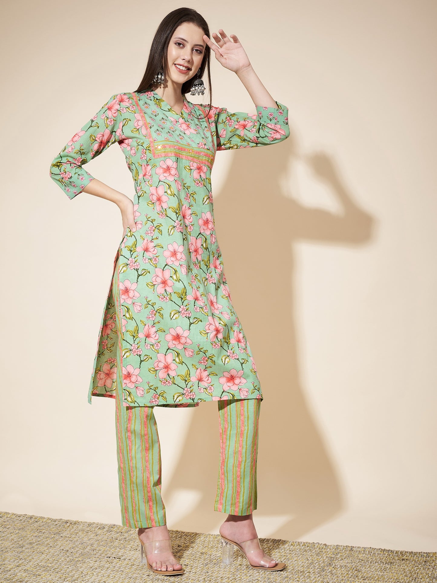 Light Green Printed Straight Cotton Kurta Set