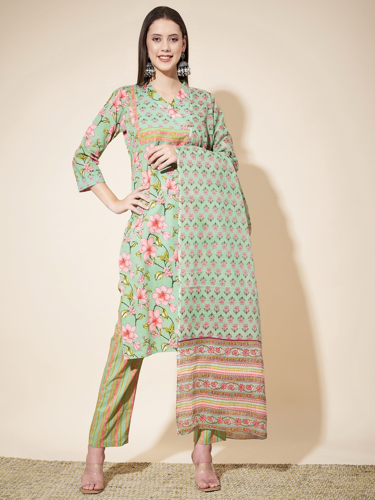 Light Green Printed Straight Cotton Kurta Set