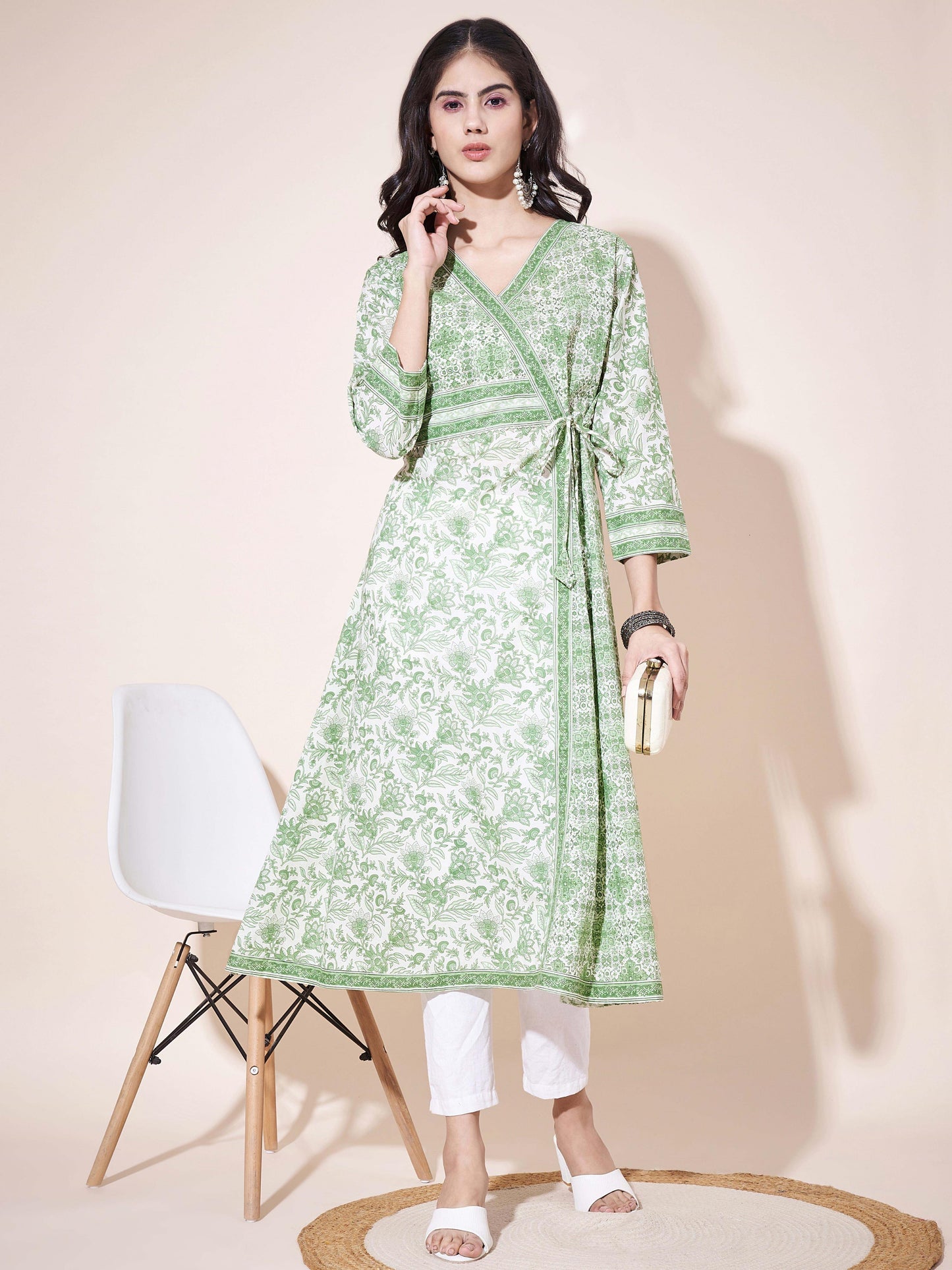 Green A-Line Cotton printed Kurta