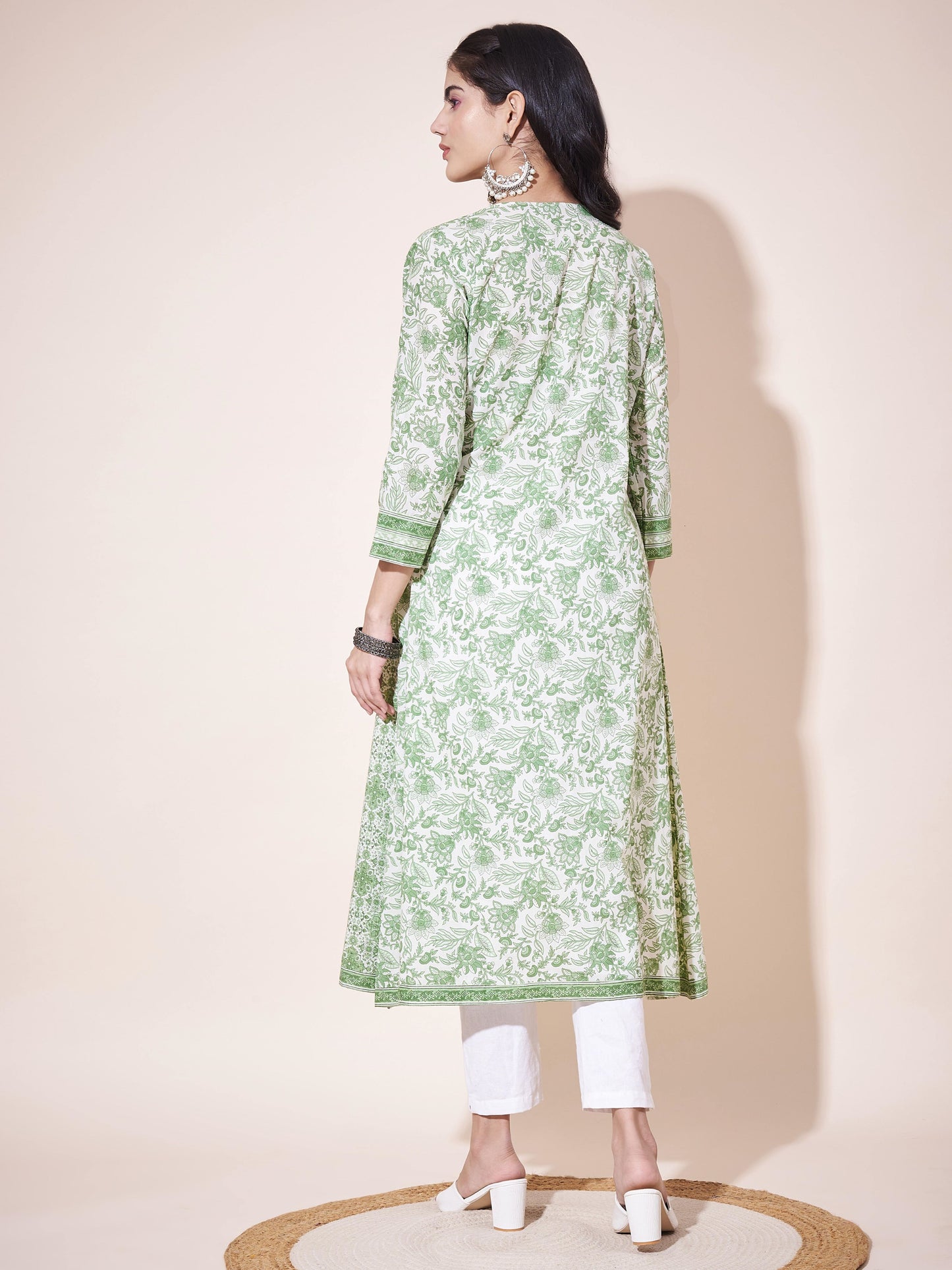 Green A-Line Cotton printed Kurta