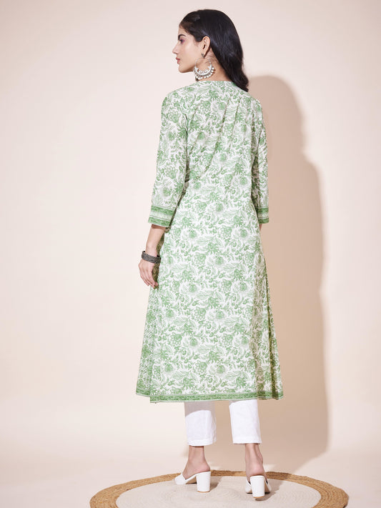 Green A-Line Cotton printed Kurta