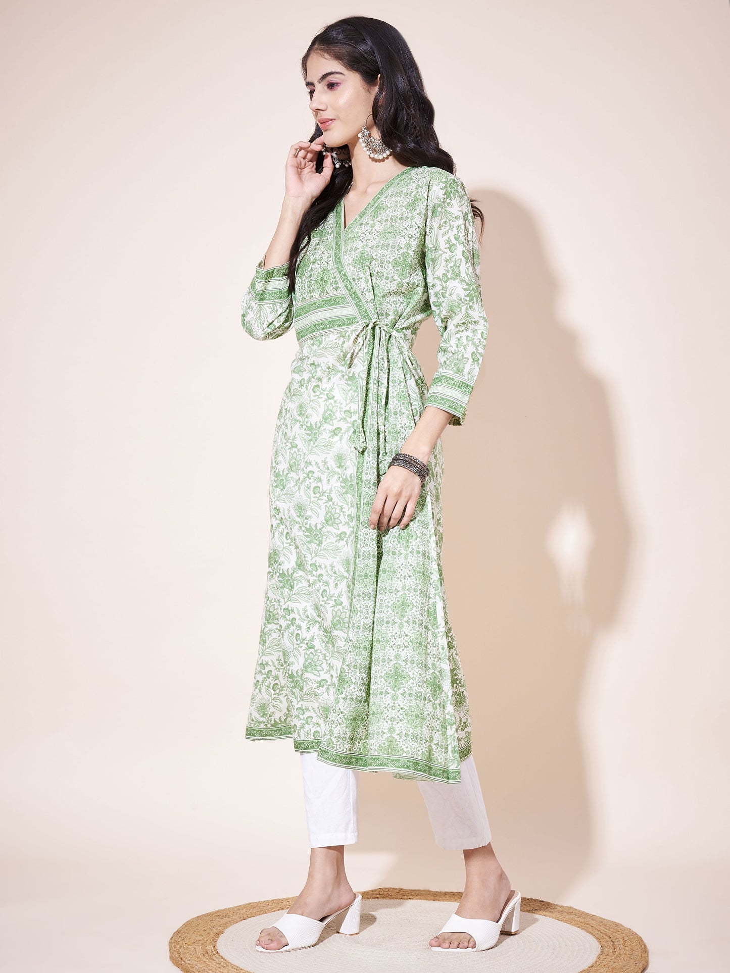 Green A-Line Cotton printed Kurta