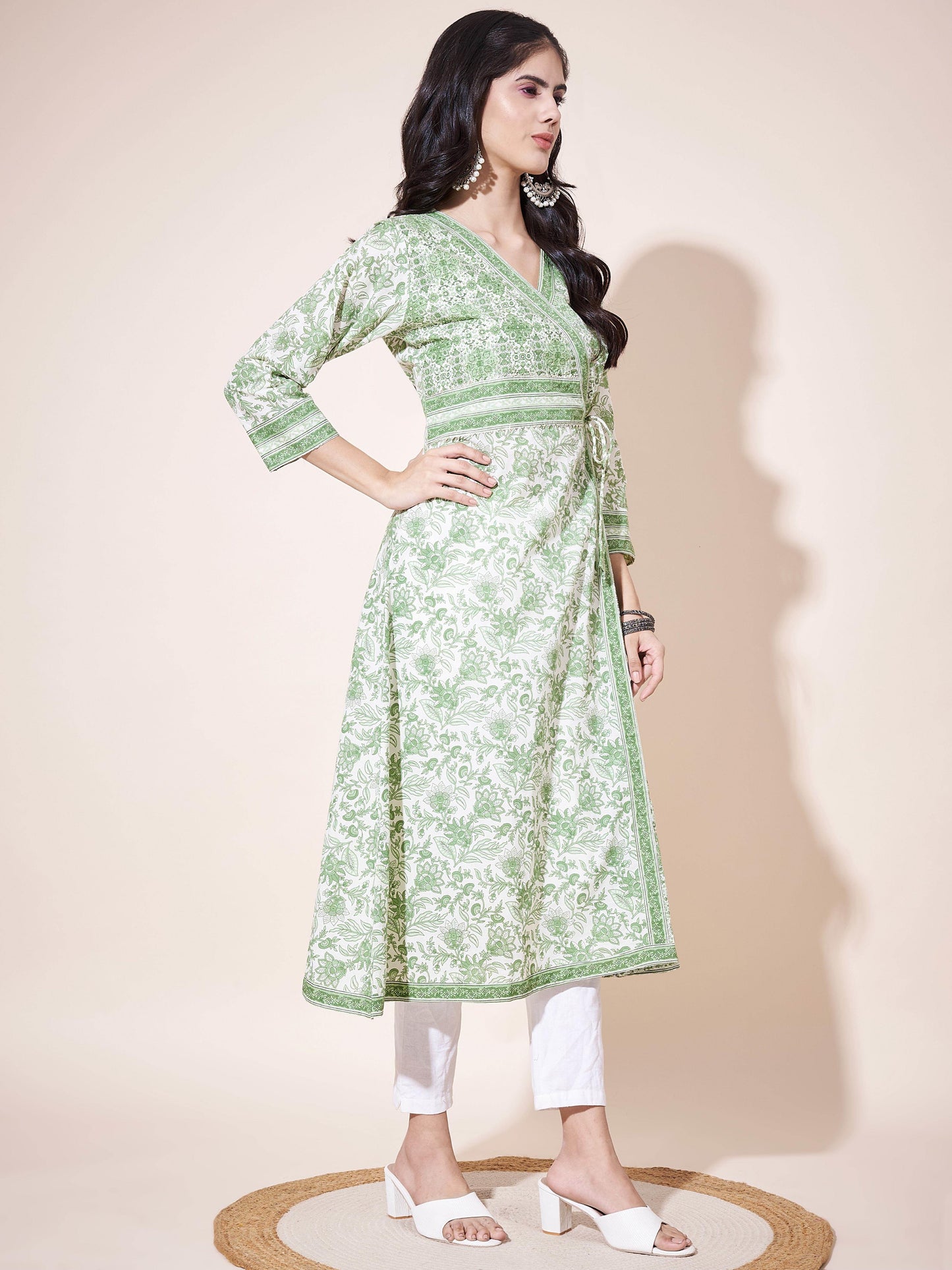 Green A-Line Cotton printed Kurta