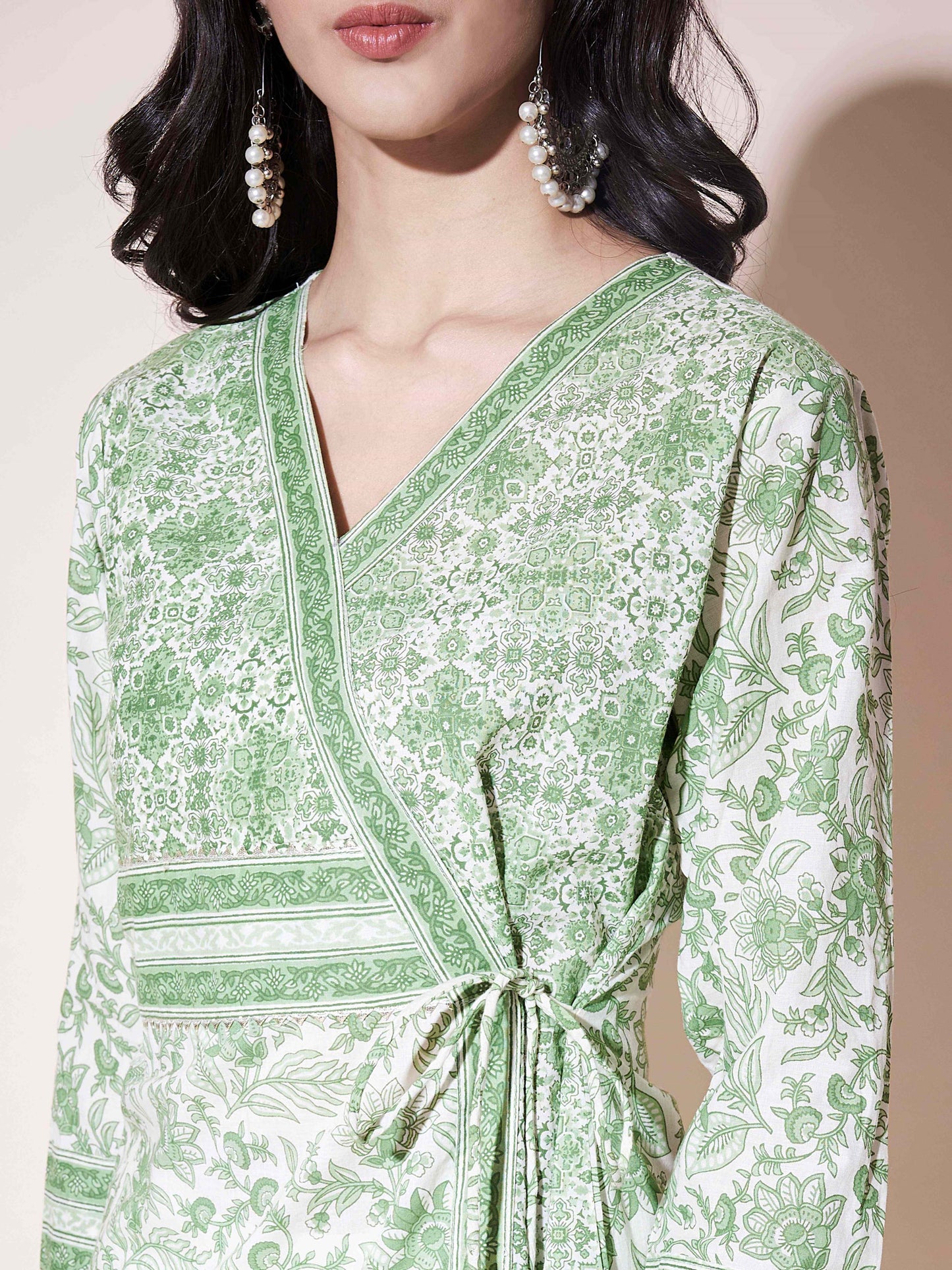 Green A-Line Cotton printed Kurta