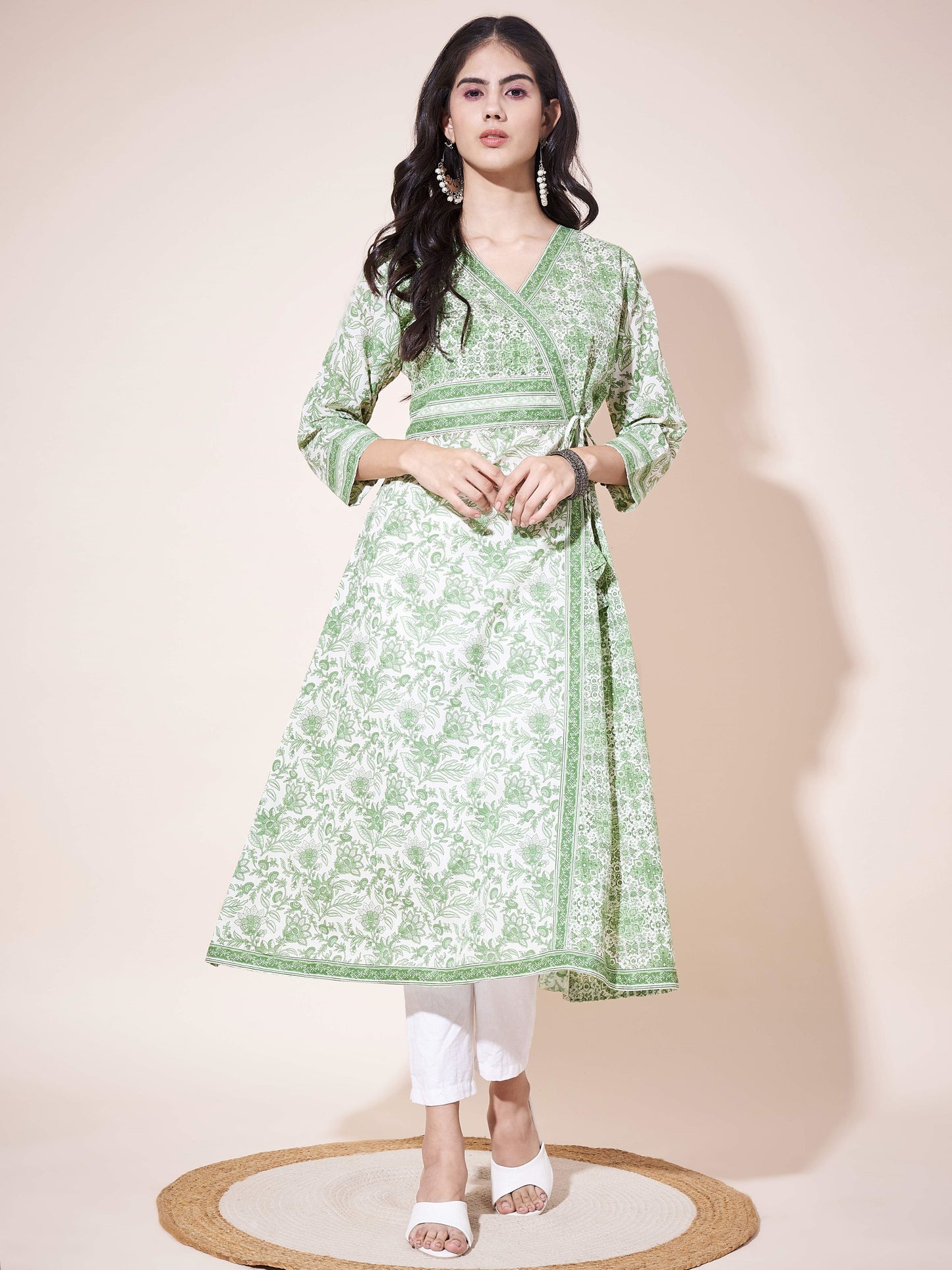Green A-Line Cotton printed Kurta