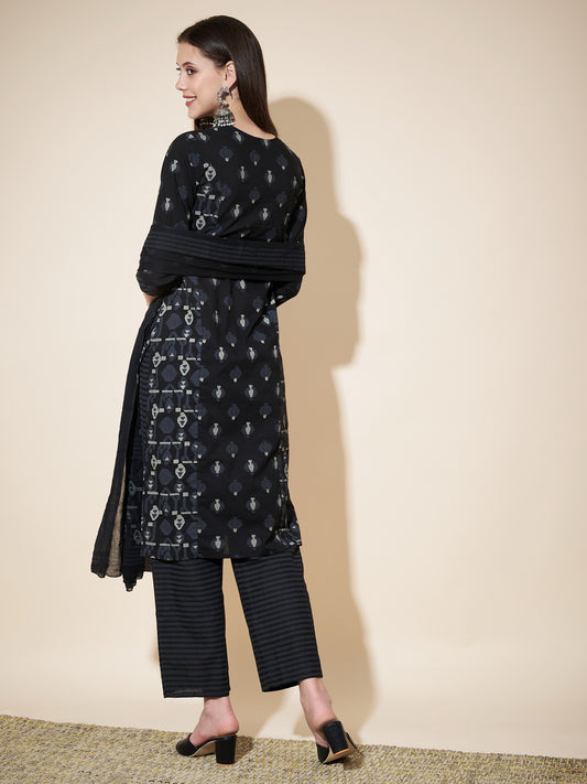 Black Printed Straight Cotton Kurta Set