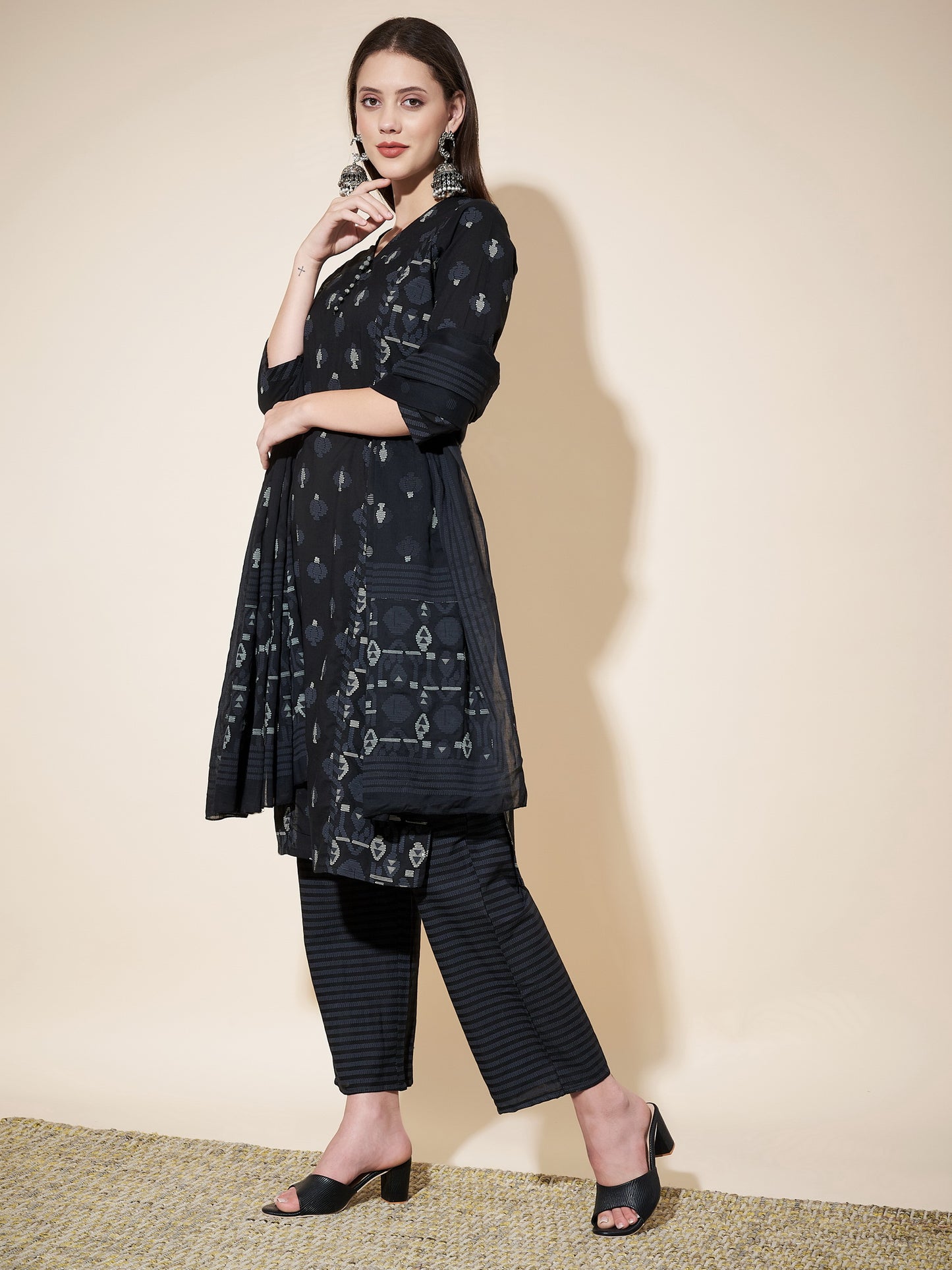 Black Printed Straight Cotton Kurta Set
