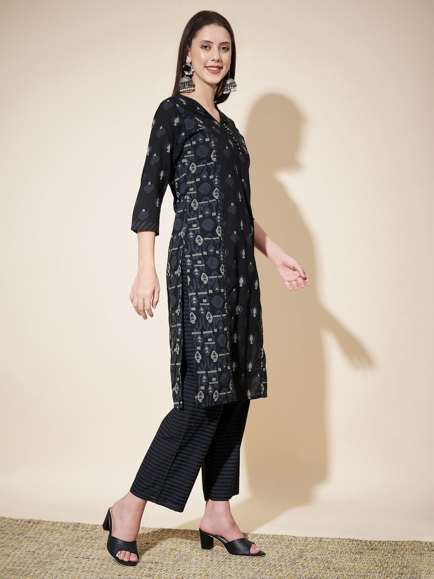Black Printed Straight Cotton Kurta Set